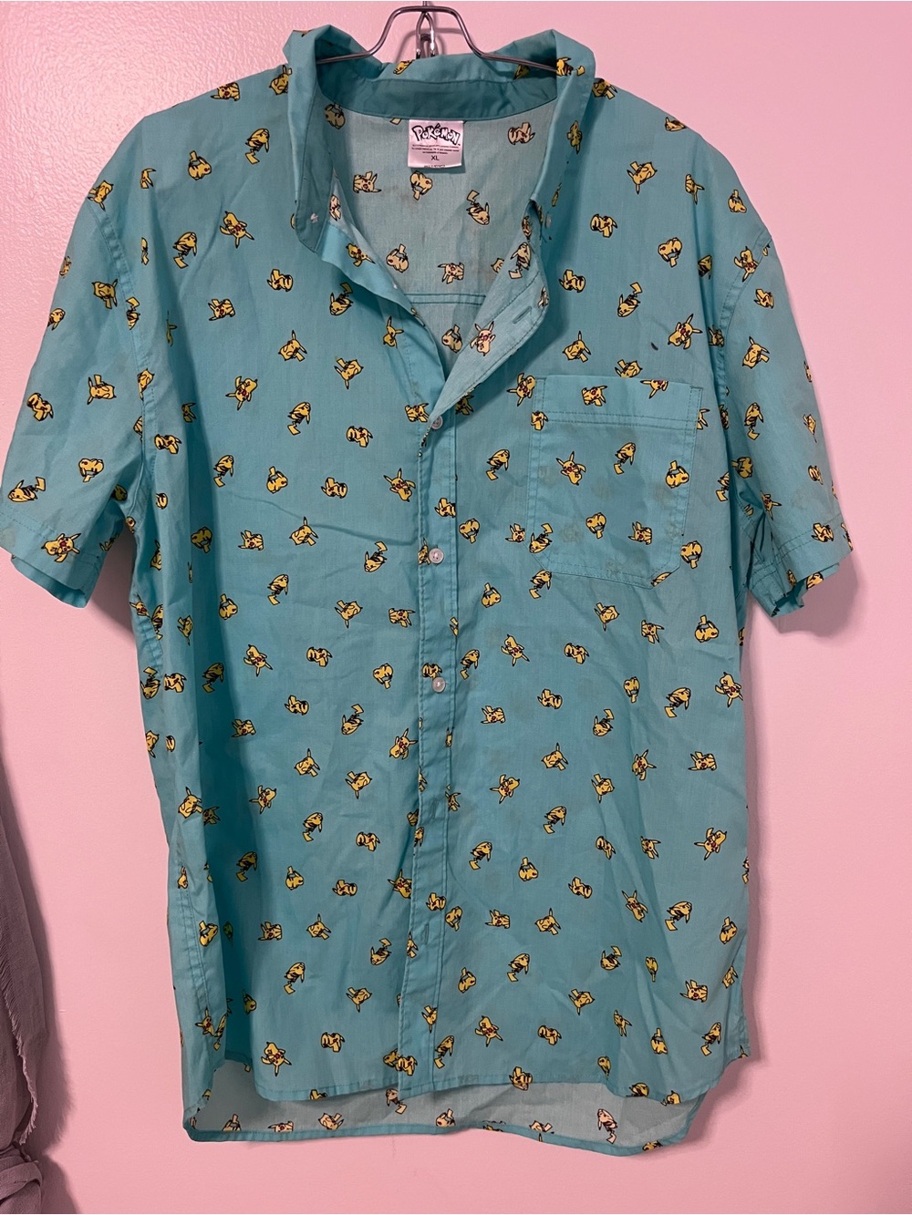 Pokemon Teal Short-Sleeve Button-Up Shirt with Yellow Pikachu Print